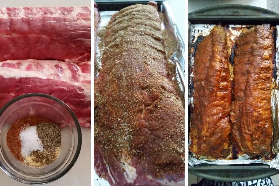 3 pics showing step by step oven baking ribs
