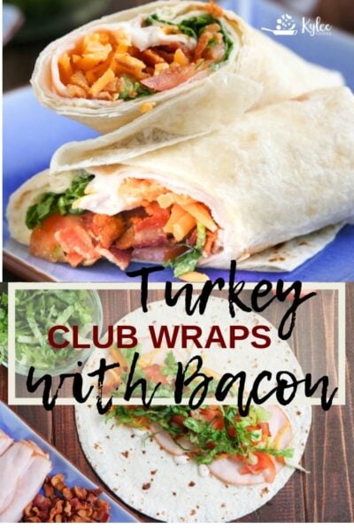turkey club sandwich wrap collage with recipe title text overlay