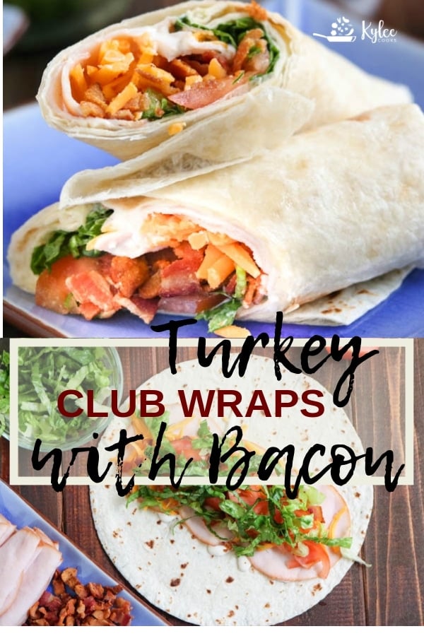 turkey club sandwich wrap collage with recipe title text overlay