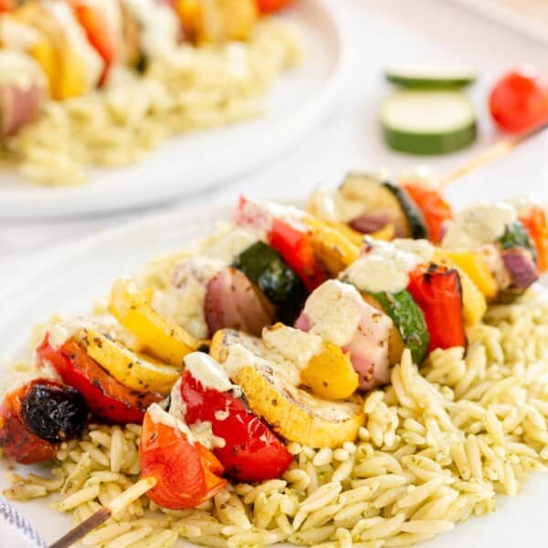 vegetable skewers on a bed of orzo on a white plate