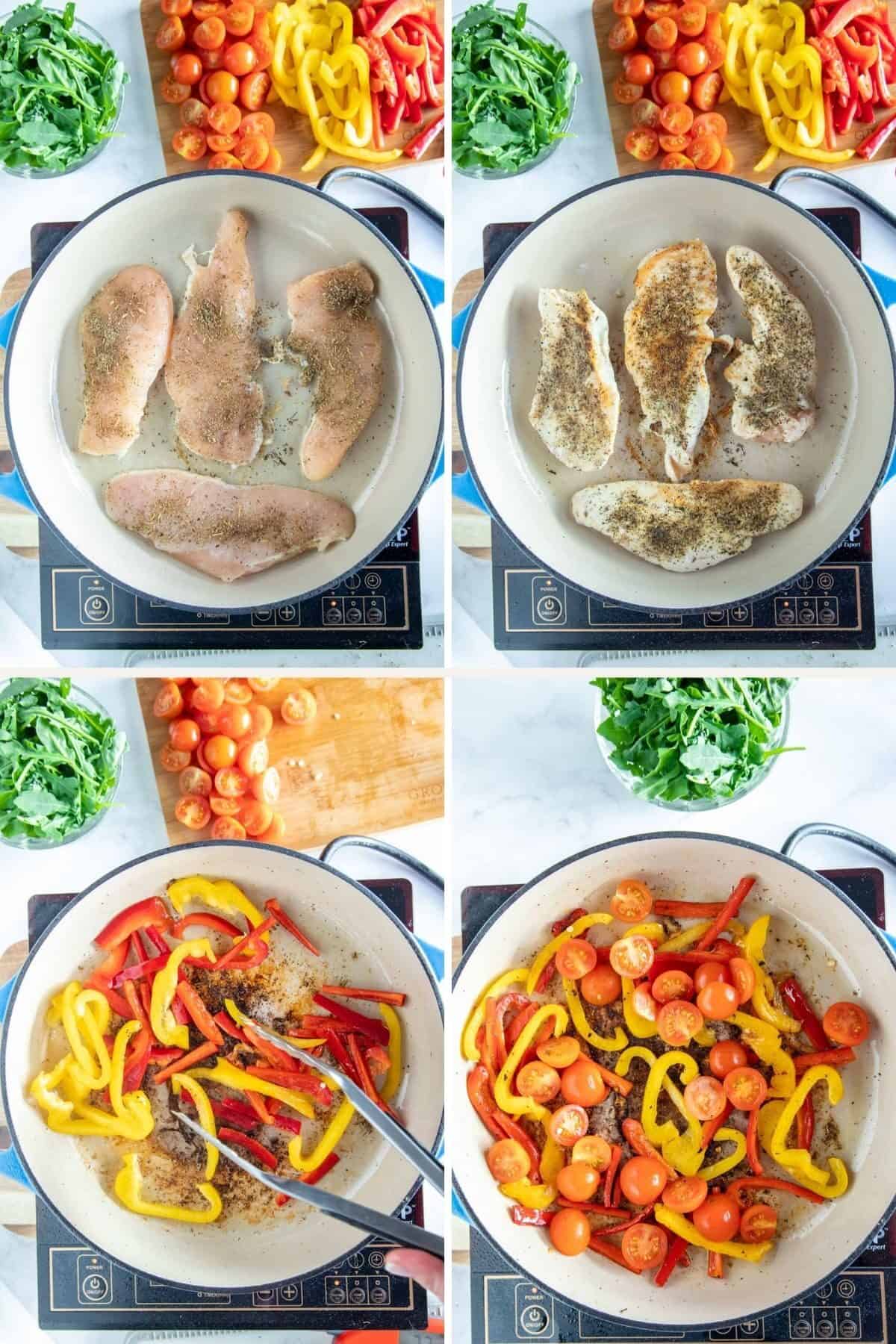 4 pics showing cooking chicken and bell peppers