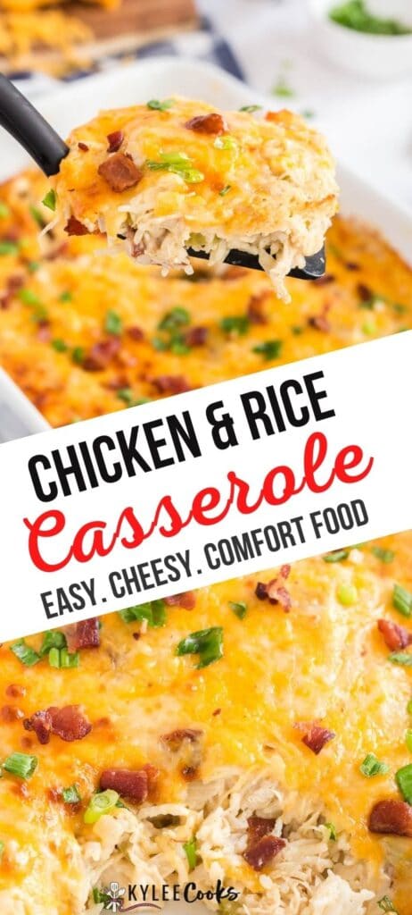 chicken rice casserole pin with text overlay
