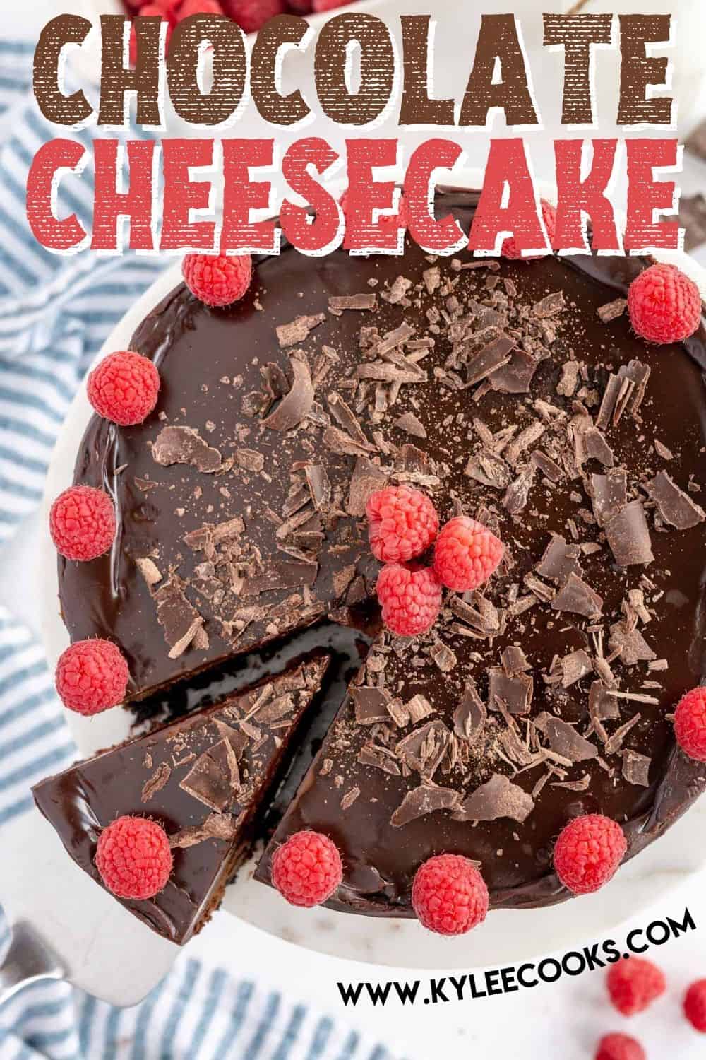chocolate cheesecake sliced, with recipe name overlaid in text