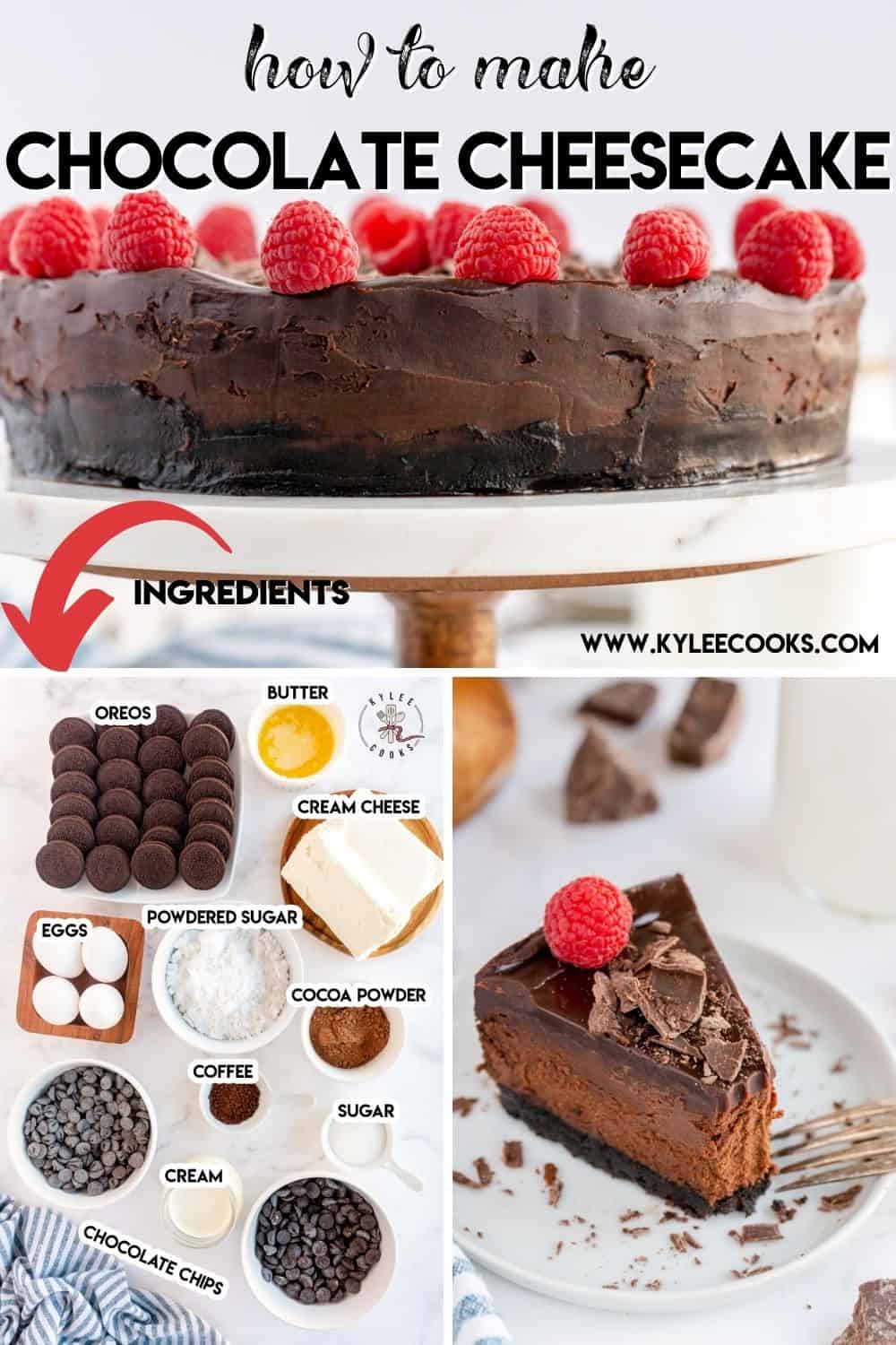 chocolate cheesecake sliced, with recipe name overlaid in text