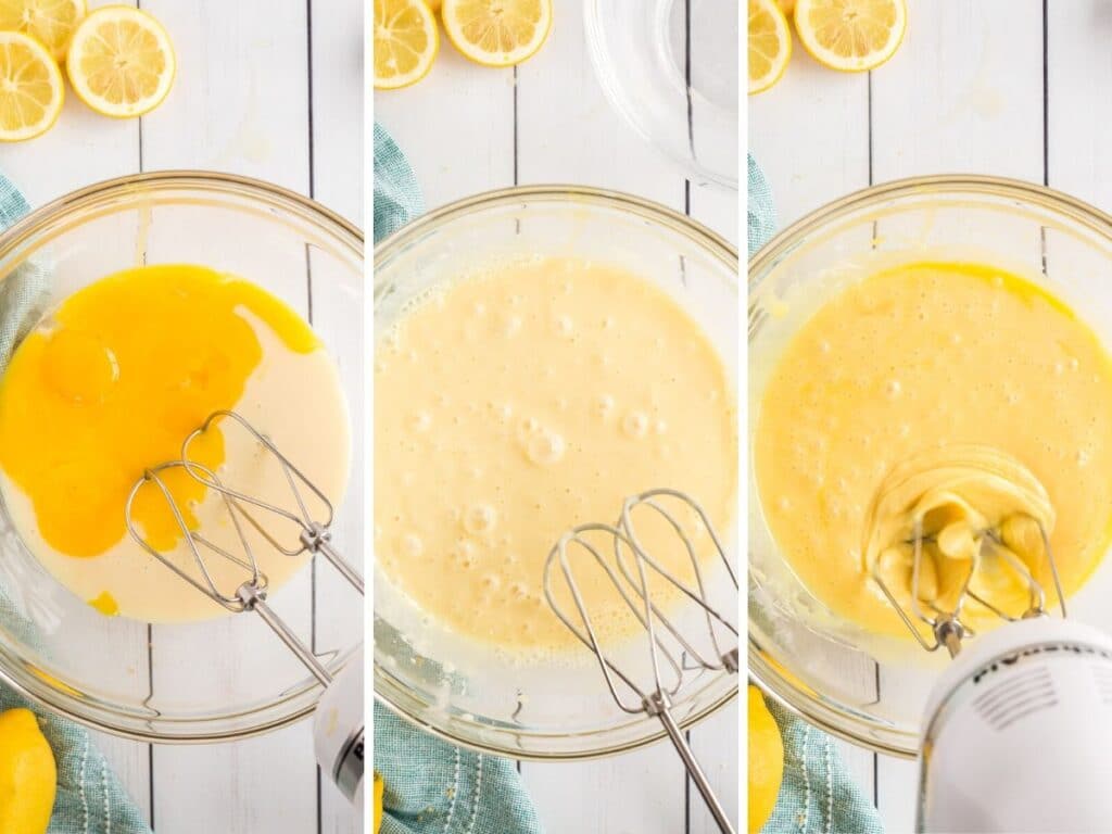 3 pictures showing how to make filling for lemon pie