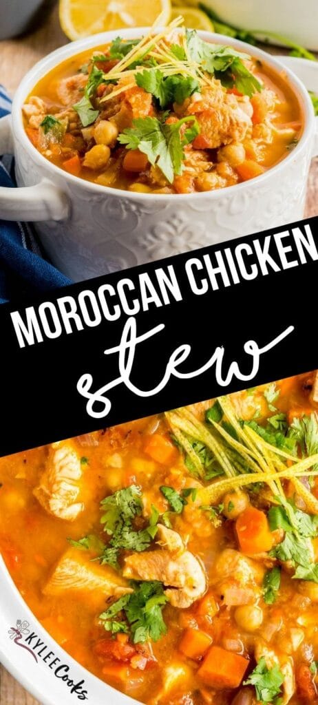 Moroccan chicken stew in a collage with recipe name overlaid in text.