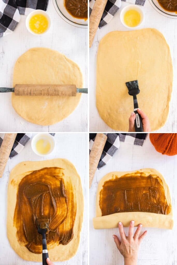 rolling out dough and filling with pumpkin