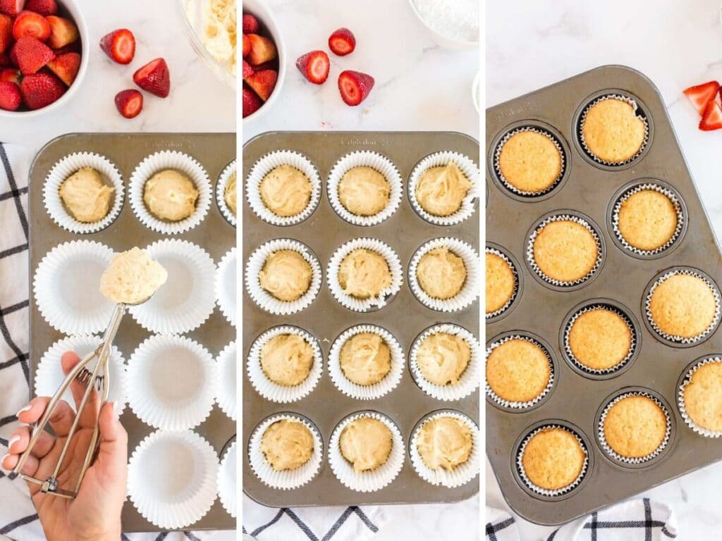 3 photos showing how to make vanilla cupcakes