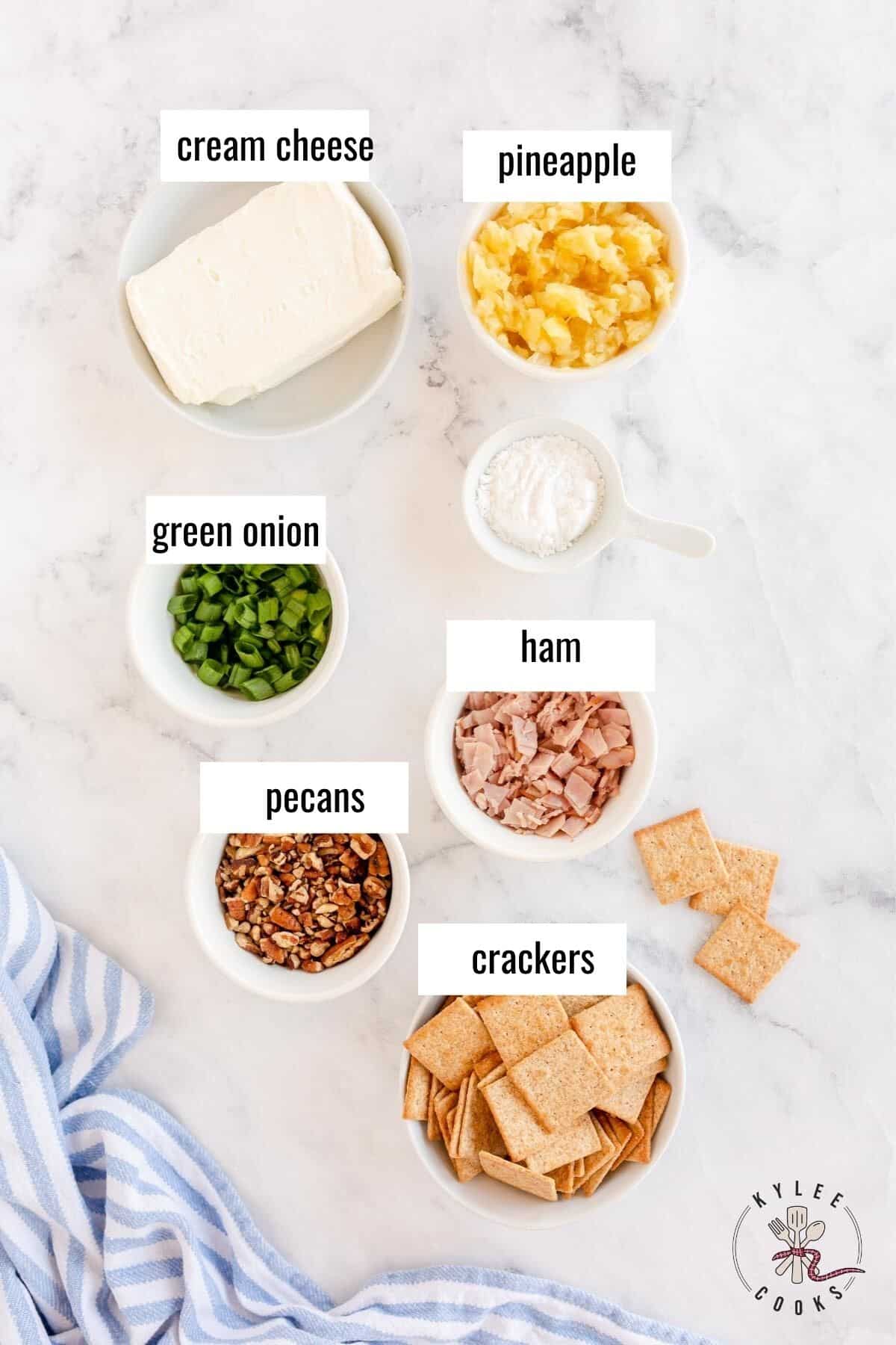 ingredients to make a hawaaian cheese ball laid out and labeled
