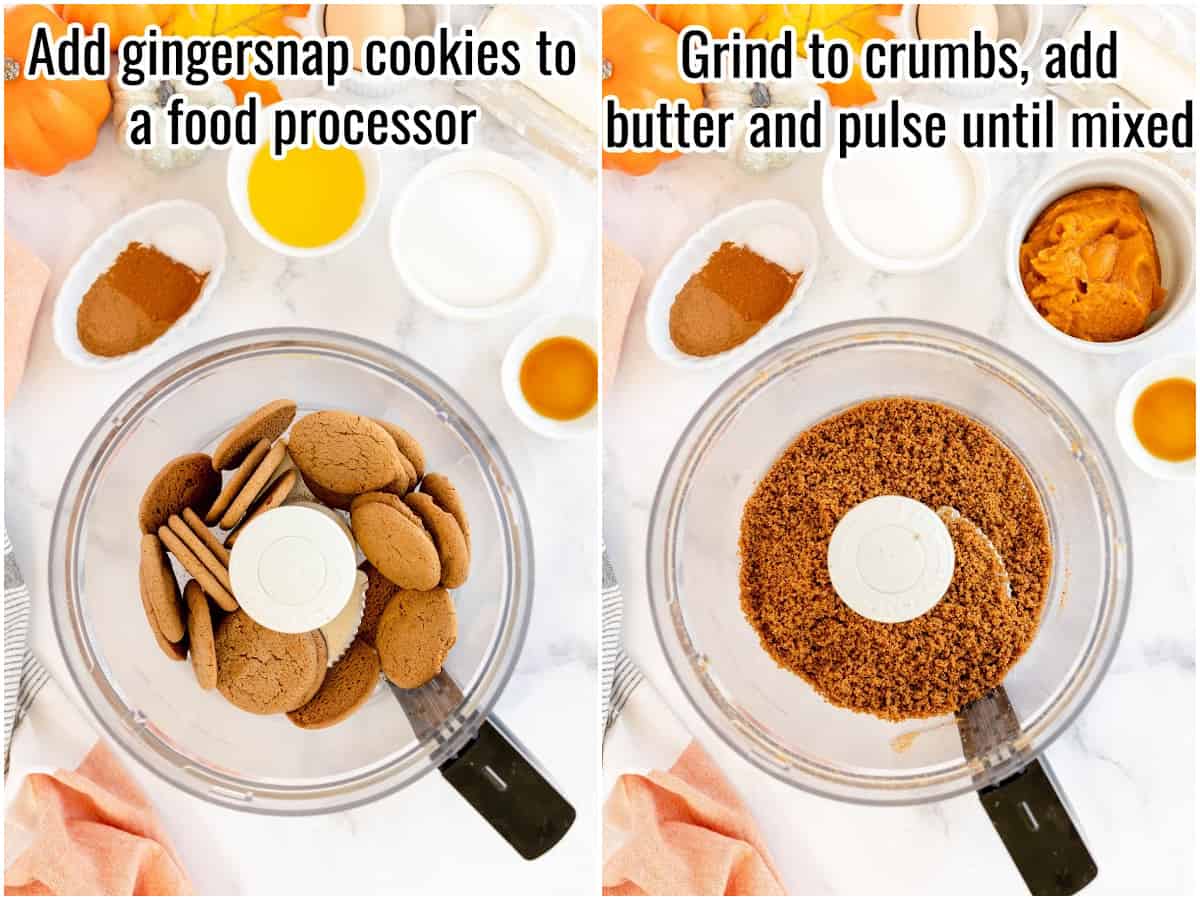 collage showing step by step images for making a gingersnap crust for cheesecake.