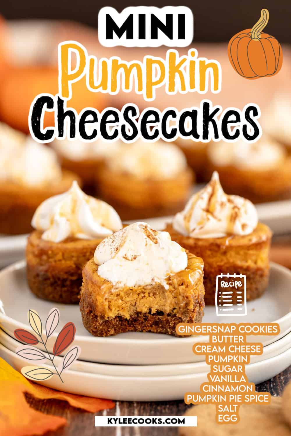 pumpkin cheesecakes on a white platter with recipe name overlaid in text.