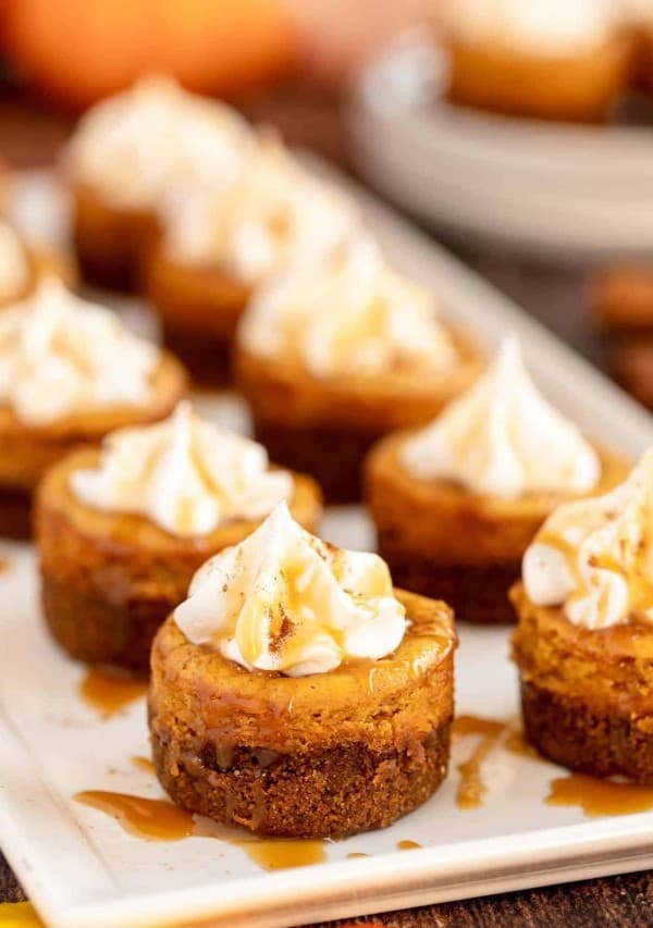 pumpkin cheesecakes on a white platter.