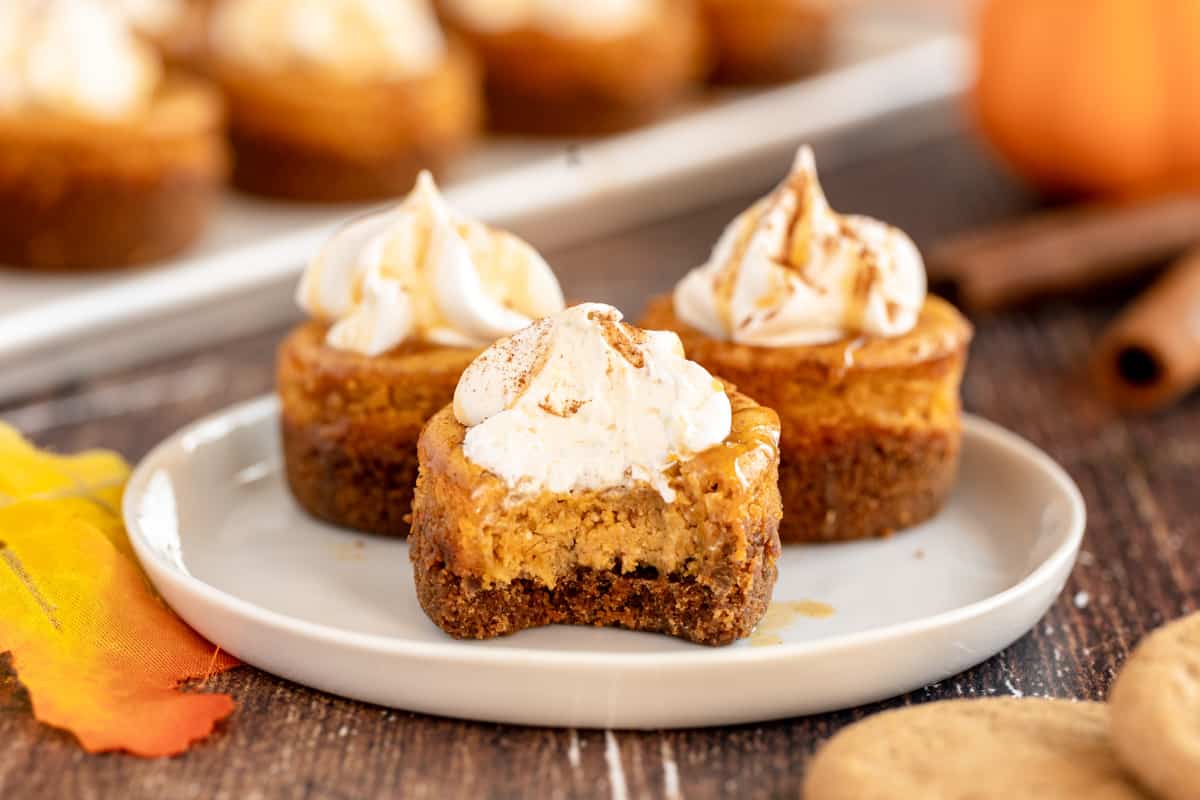 3 mini pumpkin cheesecakes with a bite taken out on a white plate.