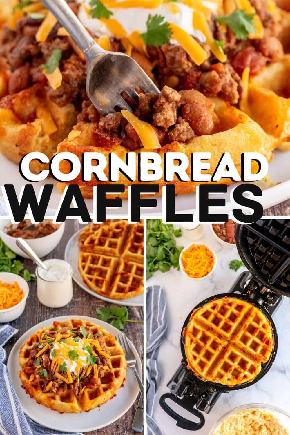 collage of cornbread waffle with chili on top