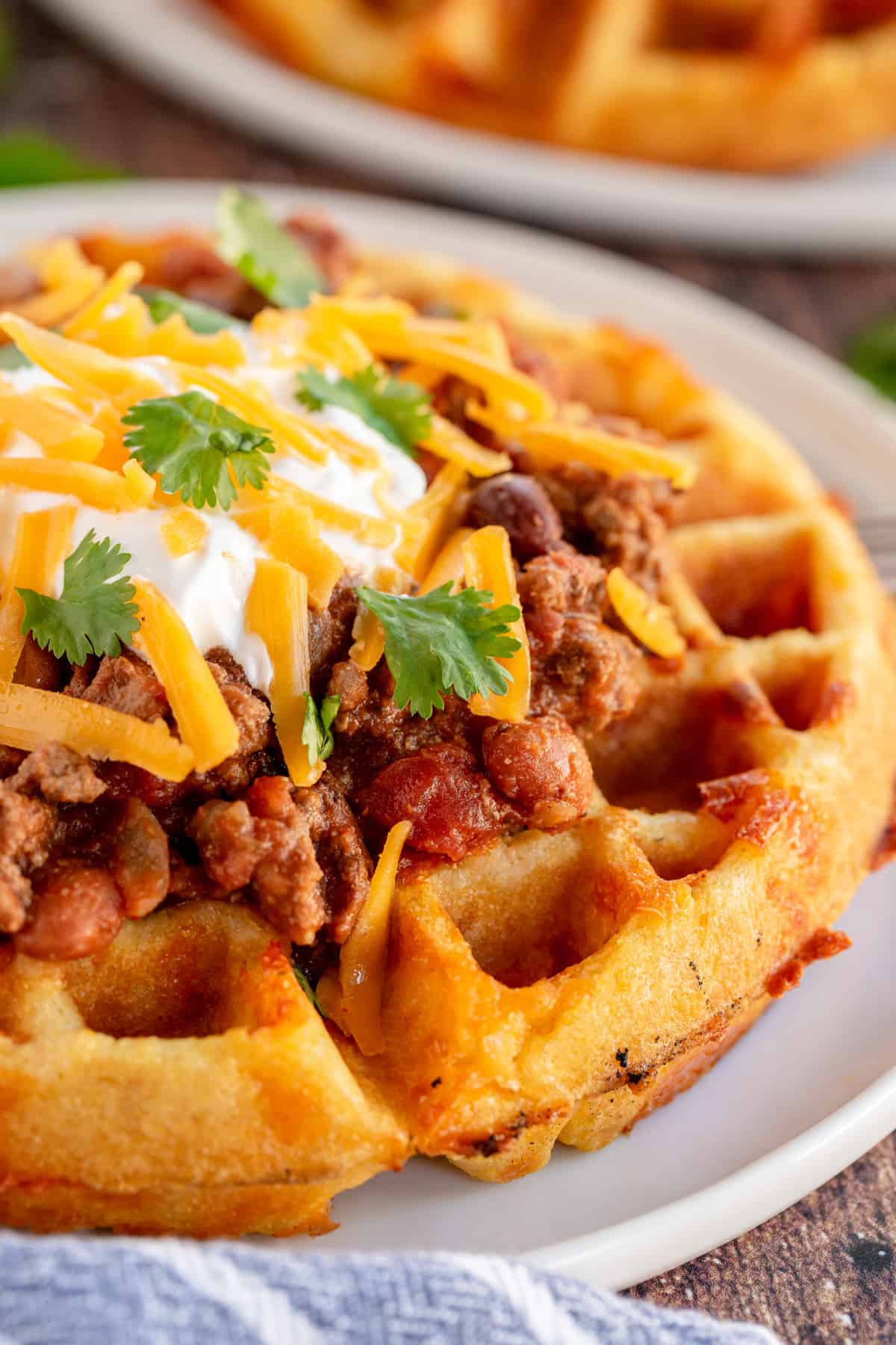 cornbread waffle with chili on top