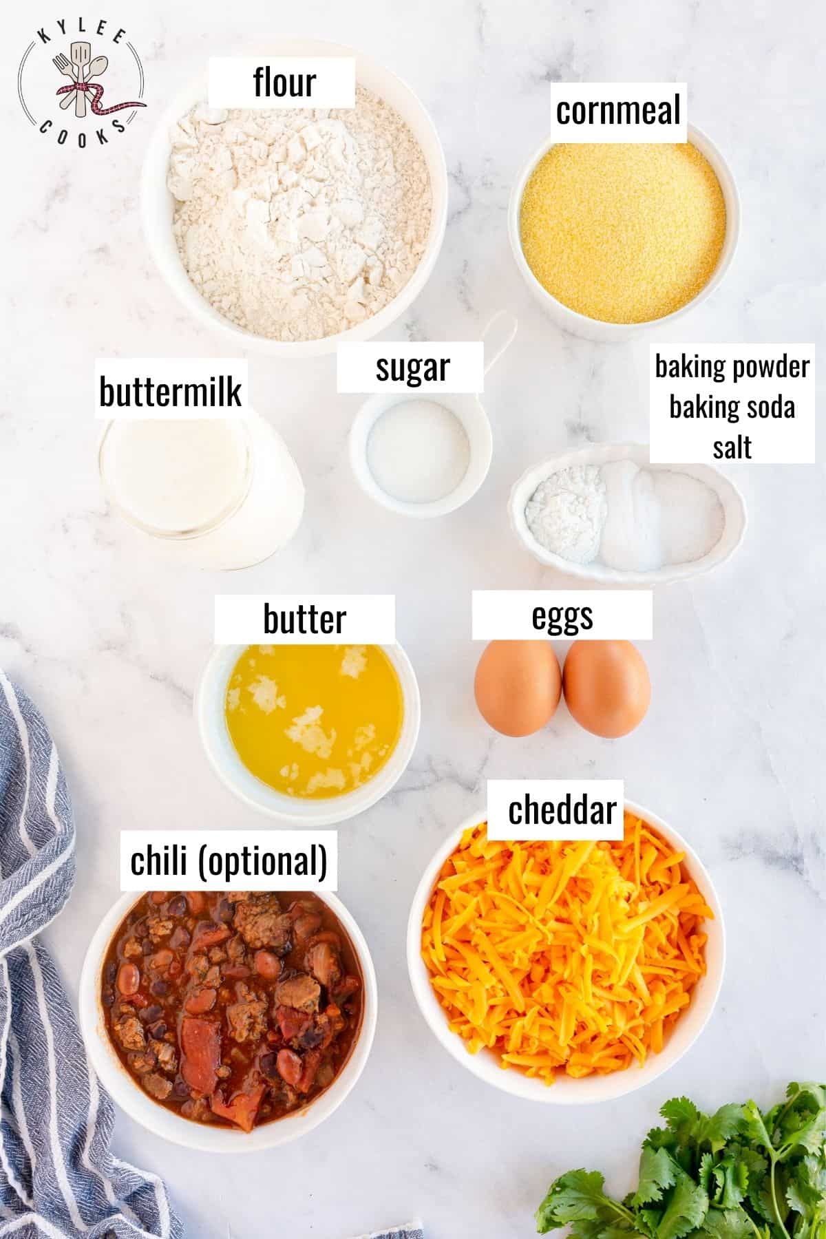 ingredients to make cornbread waffles laid out and labeled