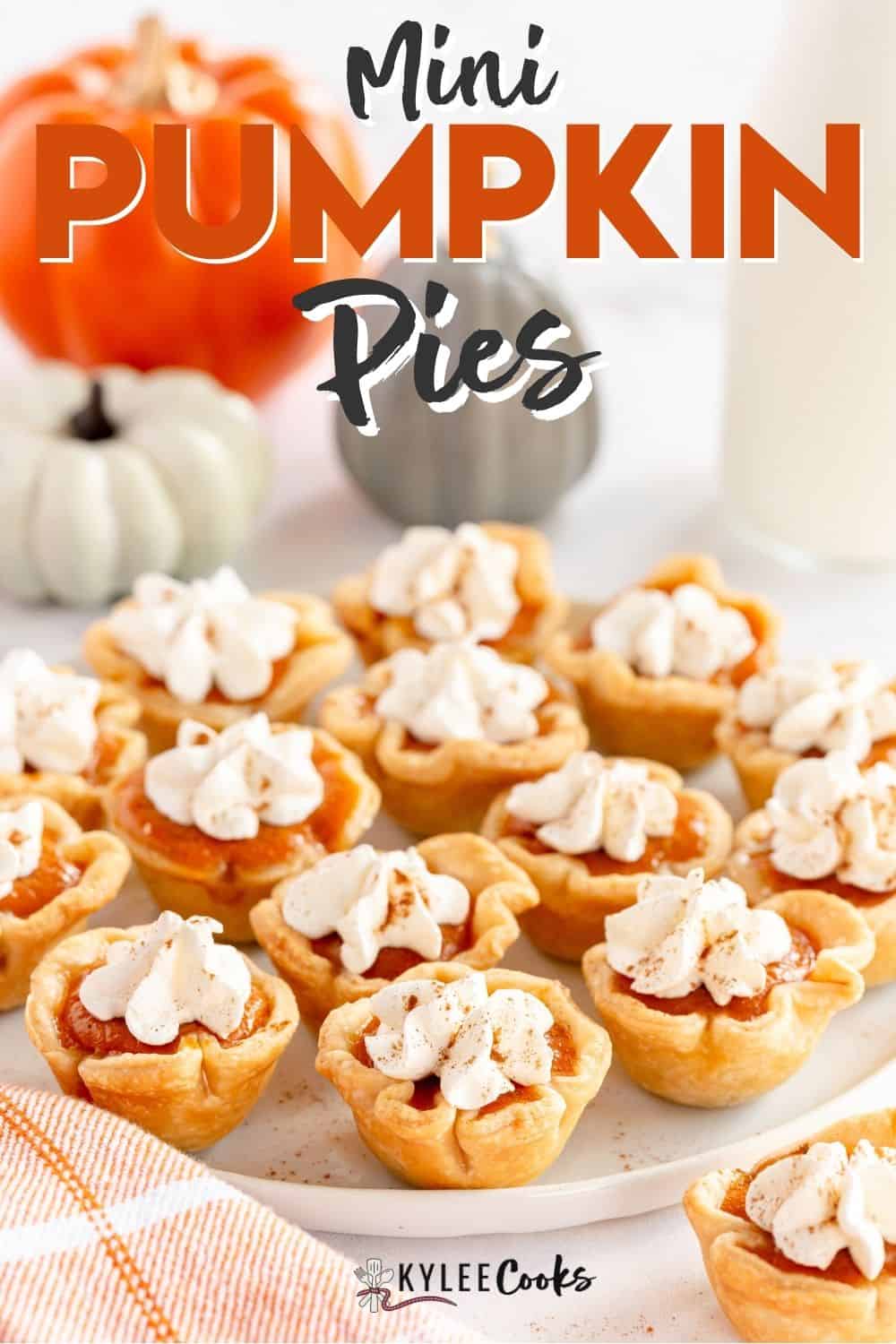 mini pumpkin pies with recipe title overlaid in text