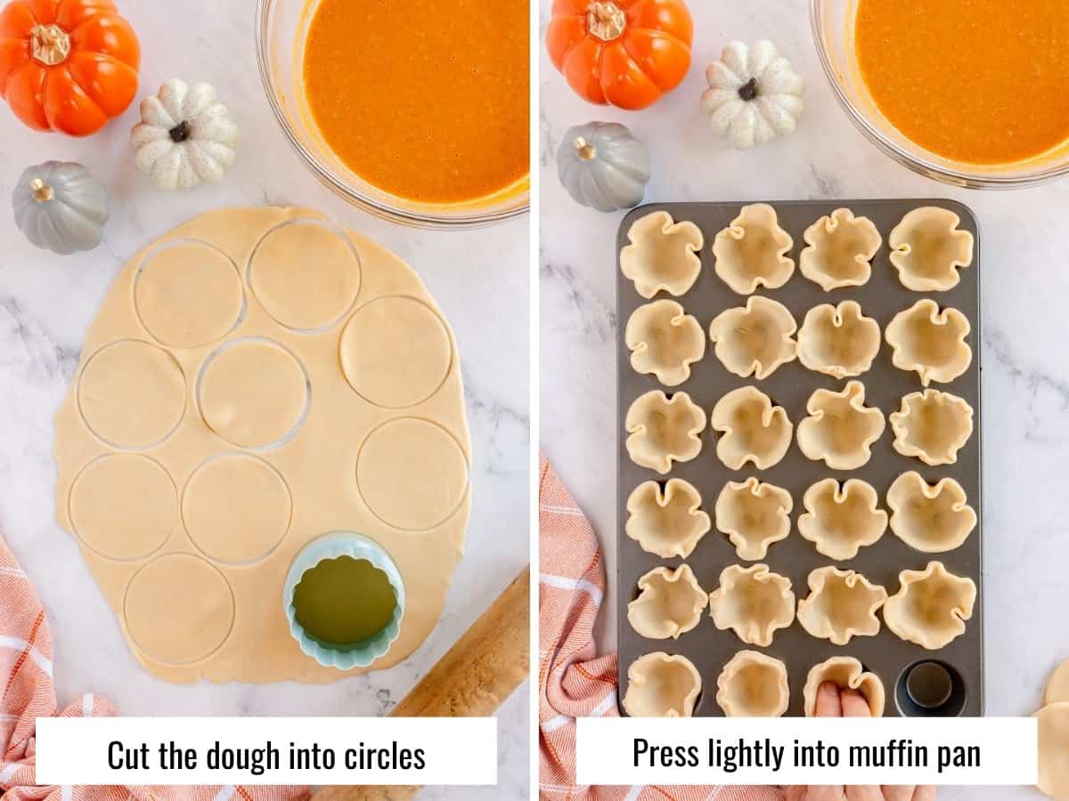 collage of mini pumpkin process steps - cutting the dough