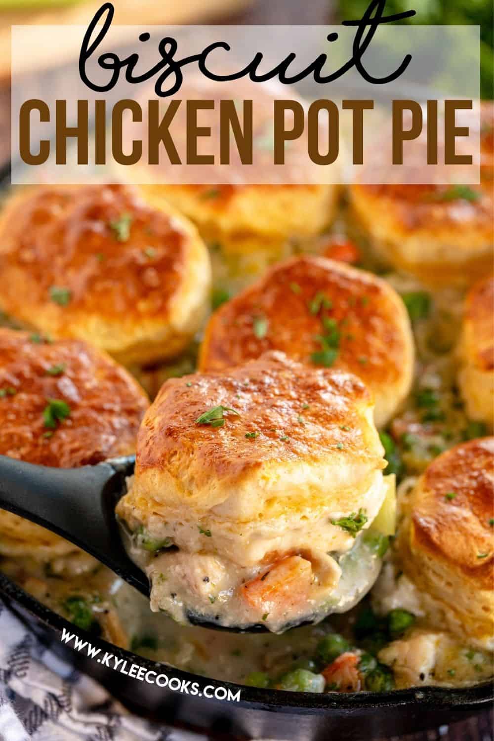 biscuit chicken pot pie with recipe name overlaid in text