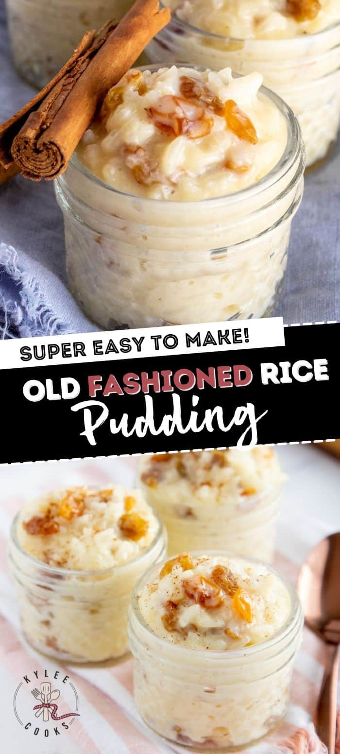 rice pudding in a glass jar with a cinnamon stick with the recipe title in text overlaid