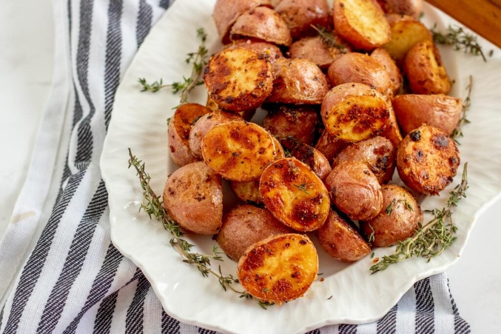 roasted baby potatoes on a baking sheet