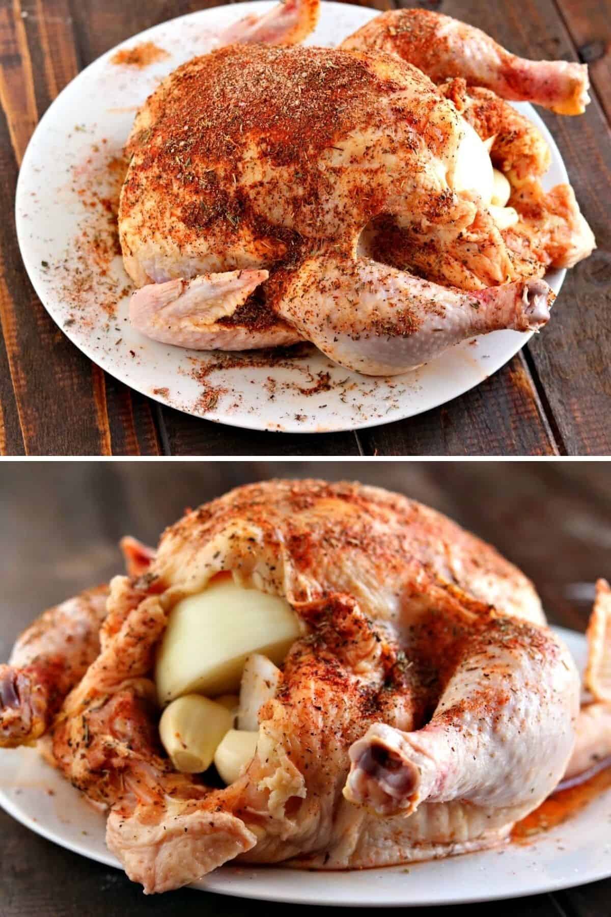 whole chicken being seasoned and stuffed before cooking in a crockpot