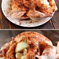 whole chicken being seasoned and stuffed before cooking in a crockpot