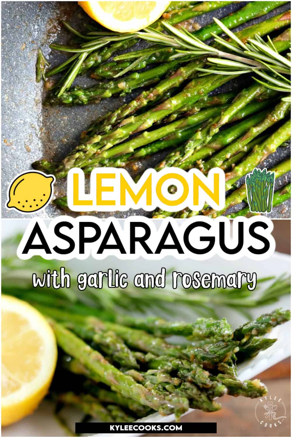 a skillet with cooked asparagus in it with lemon and rosemary, with recipe name overlaid in text.