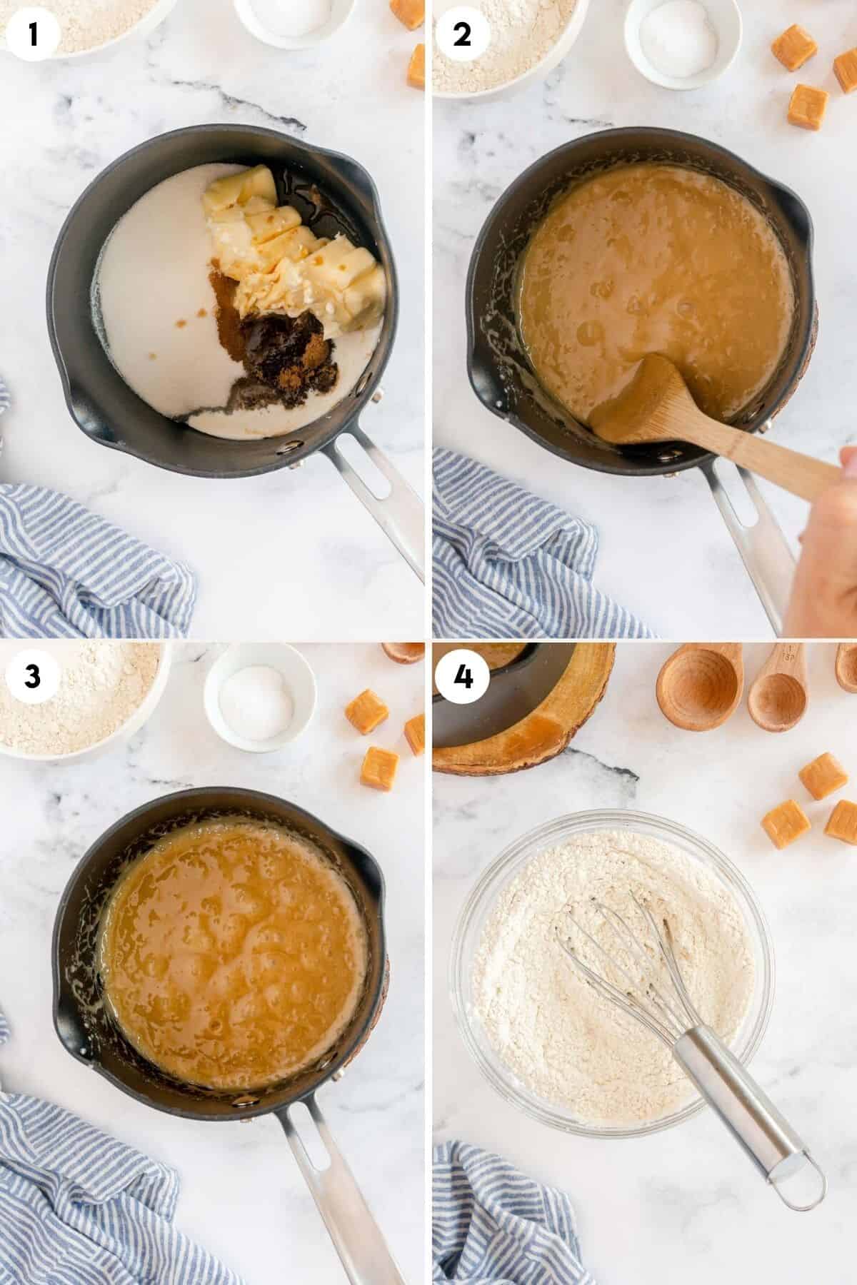 collage showing how to make the cookie dough for vanilla caramel cookies