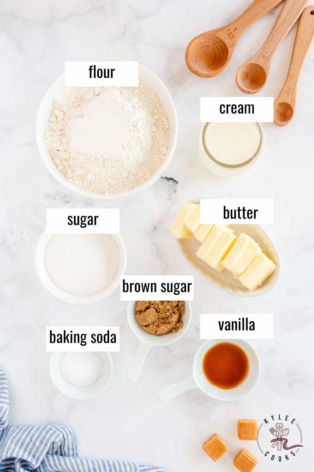 ingredients to make caramel cookies laid out and labeled