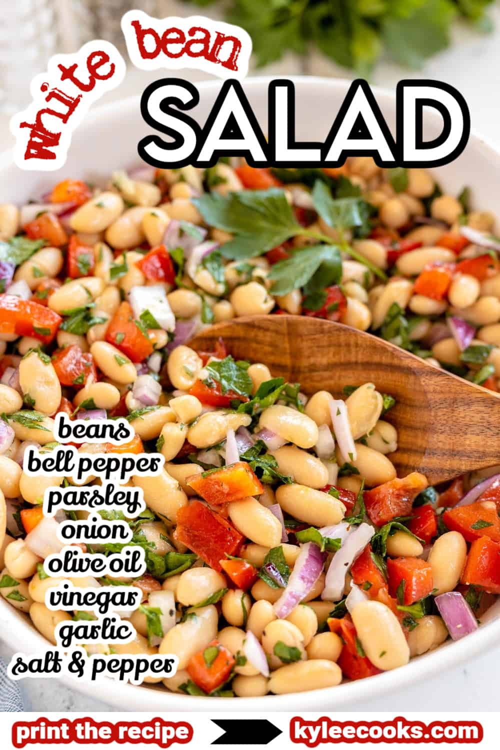 white bean salad in a bowl with ingredients listed in text overlay.