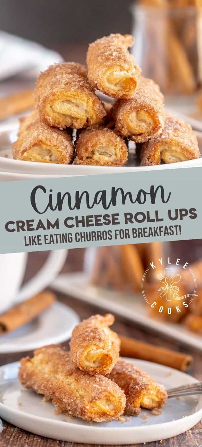 collage of cinnamon cream cheese roll ups on a plate with the recipe title in text overlaid