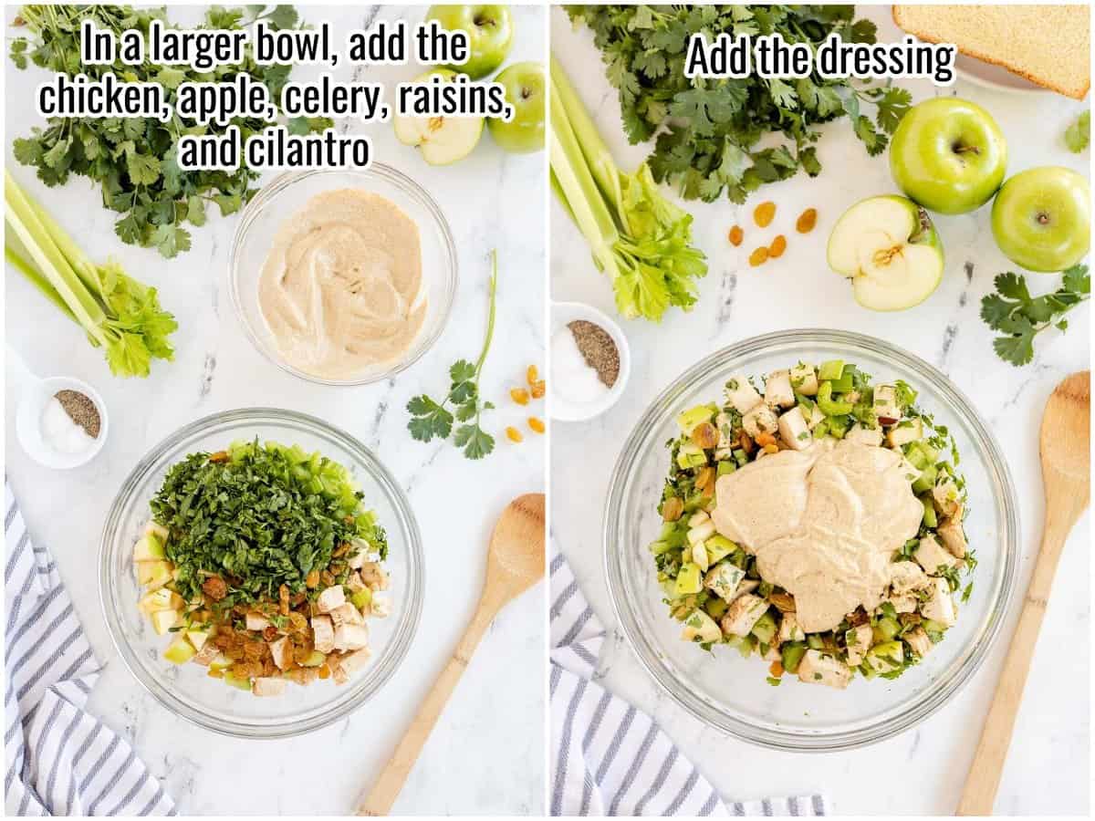 collage of chicken salad in a bowl, then chicken salad with dressing over the top, before mixing.