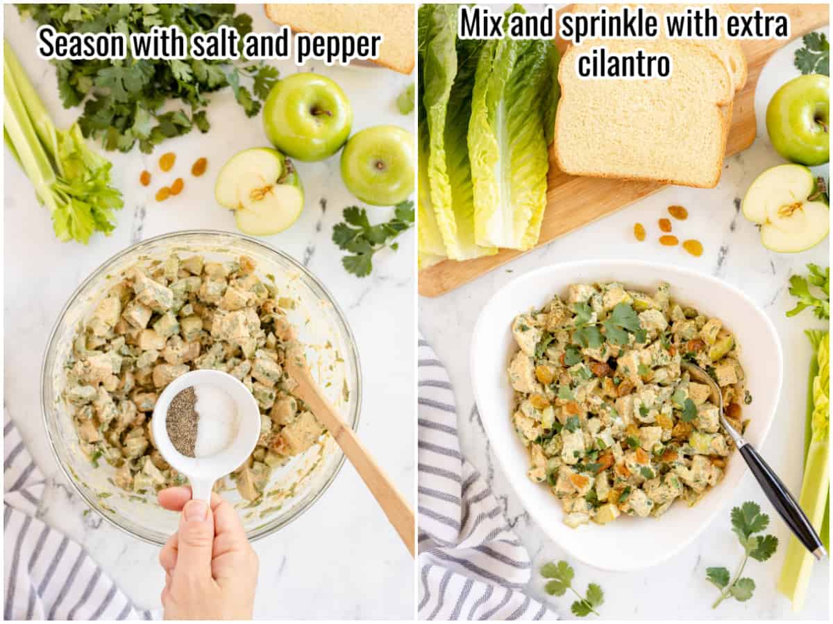 collage of seasoning chicken salad and mixing.