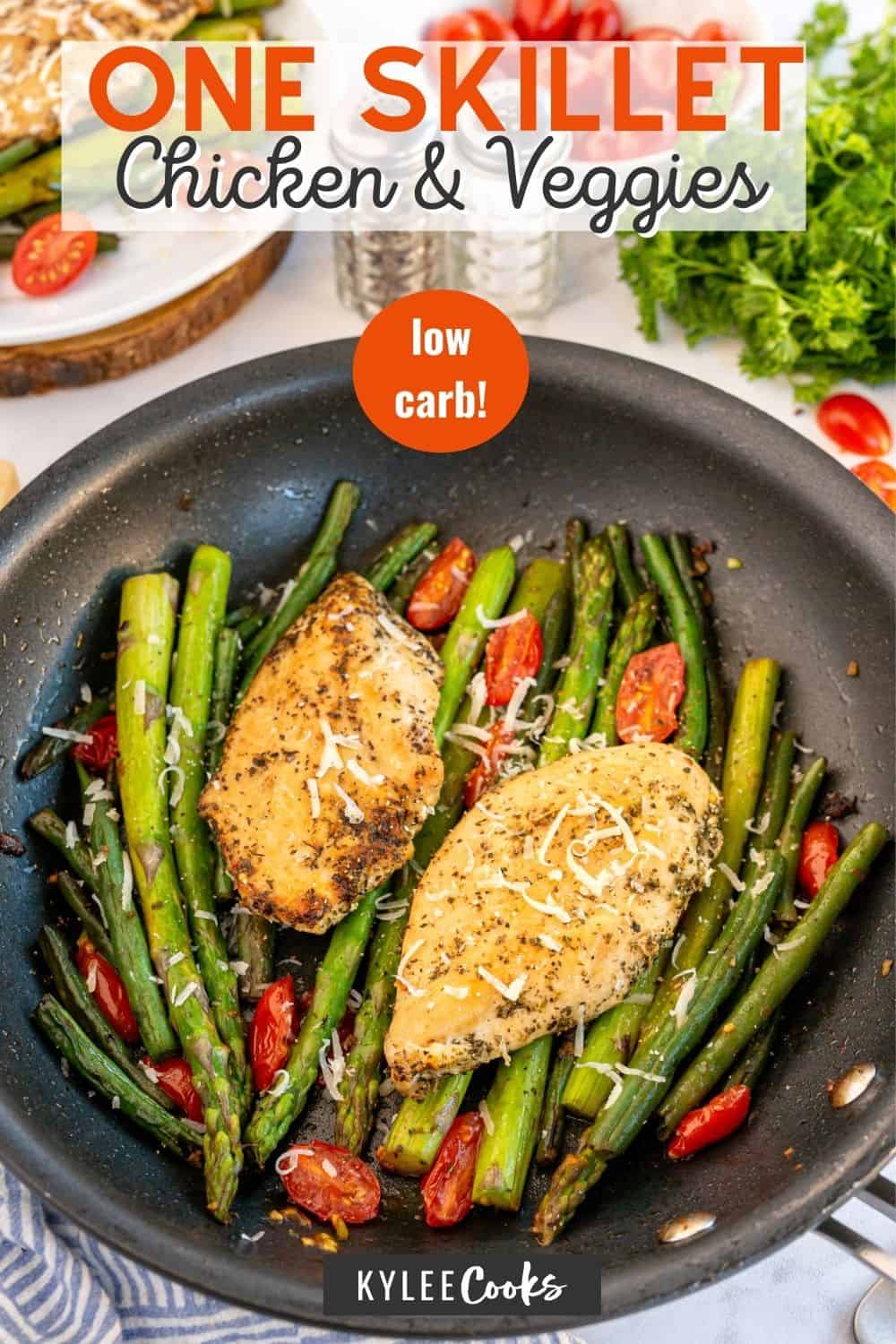chicken in a skillet and on a plate with "one skillet chicken dinner" overlaid in text.
