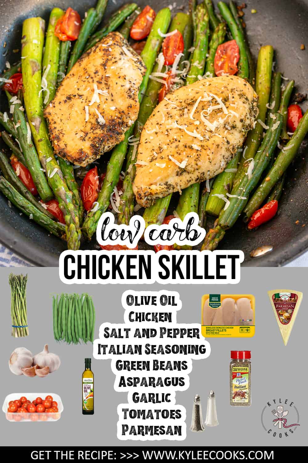 chicken in a skillet and on a plate with "one skillet chicken dinner" and recipe ingredients overlaid in text.