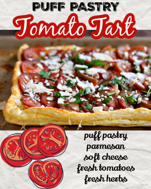 puff pastry tomato tart with recipe title overlaid in text.