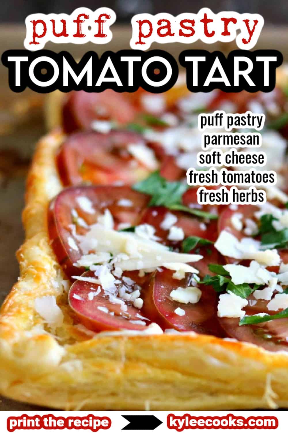 puff pastry tomato tart with recipe title overlaid in text.