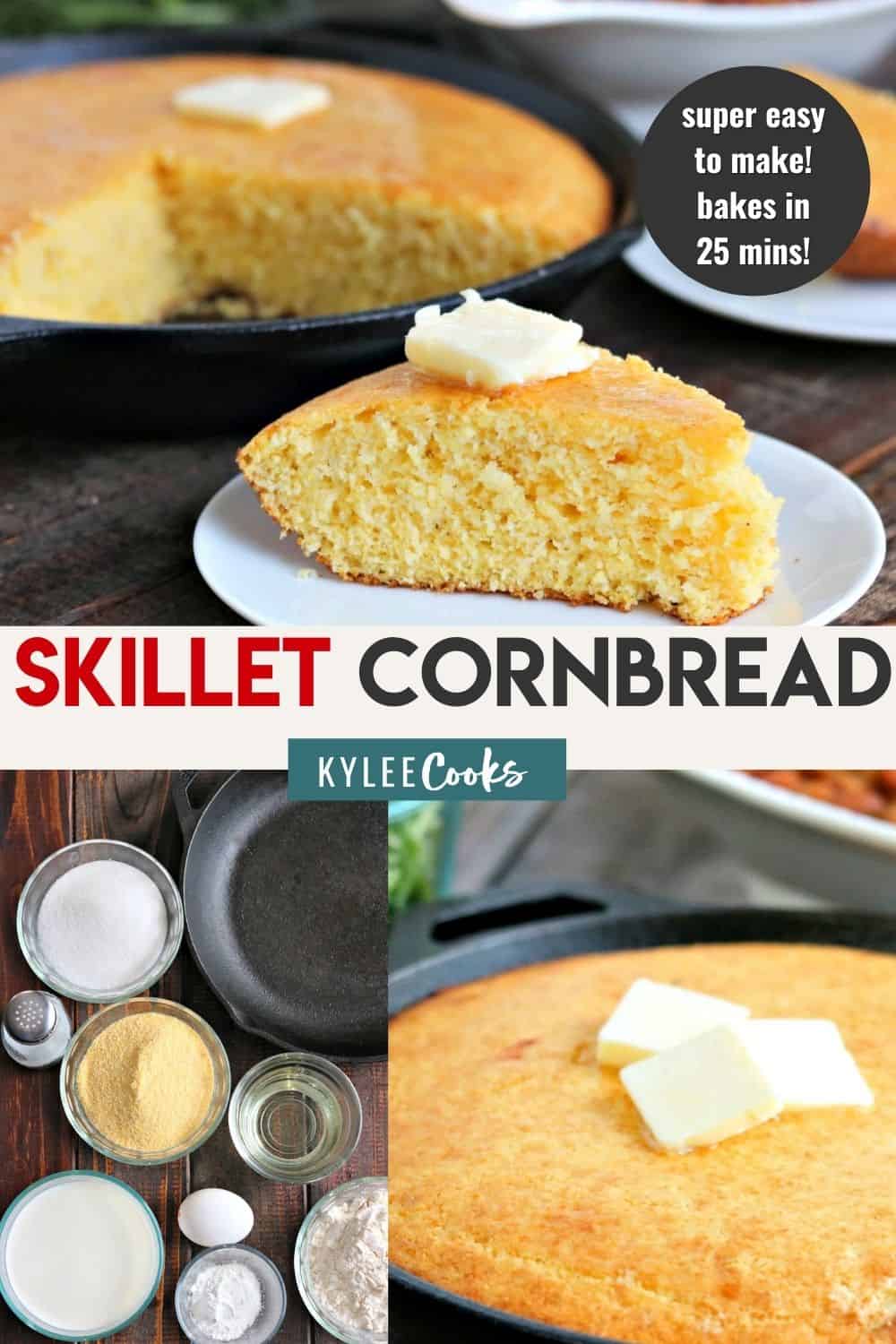 skillet cornbread on a white plate with ingredients in text overlaid