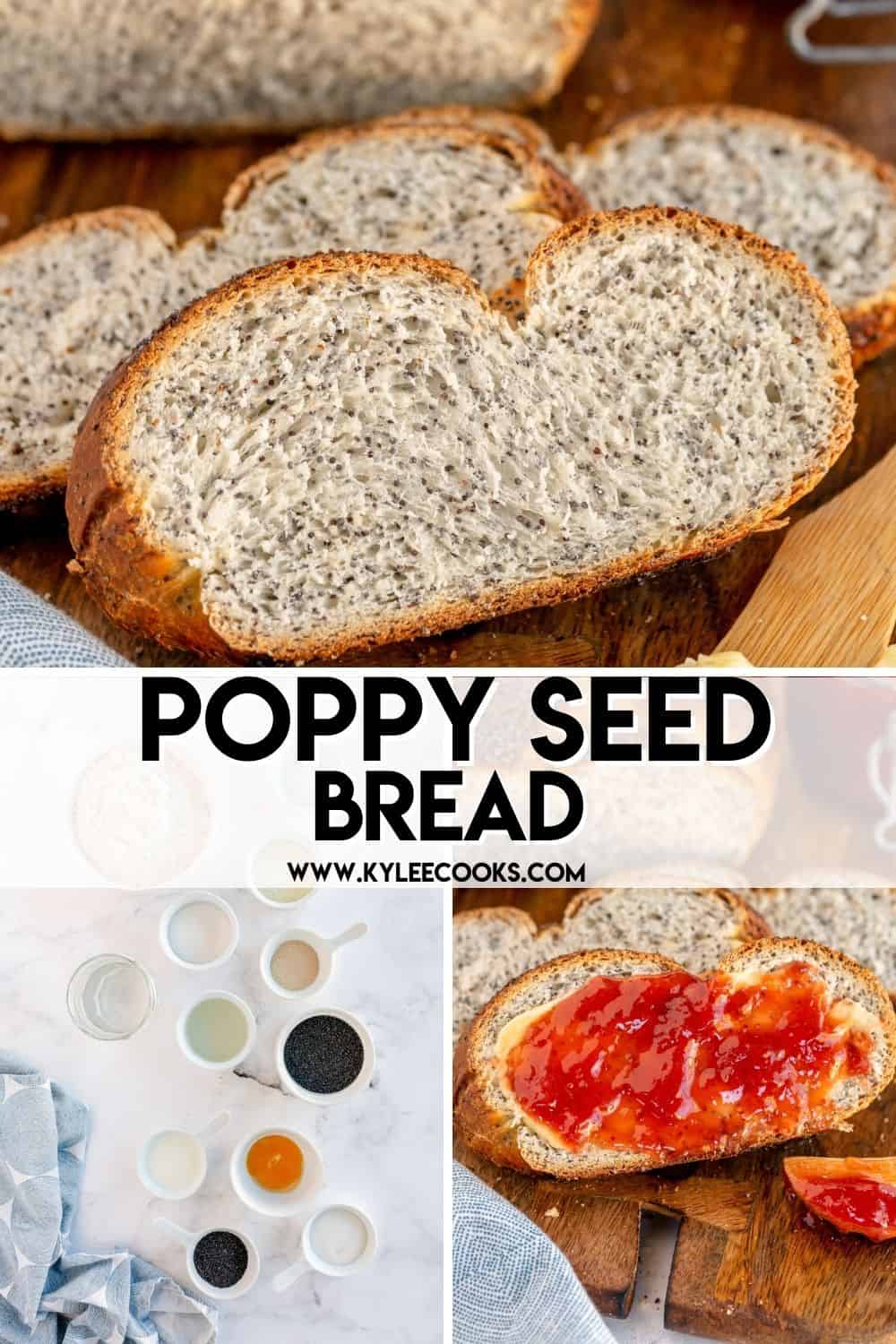braided bread with poppy seeds on a wooden board with text overlay