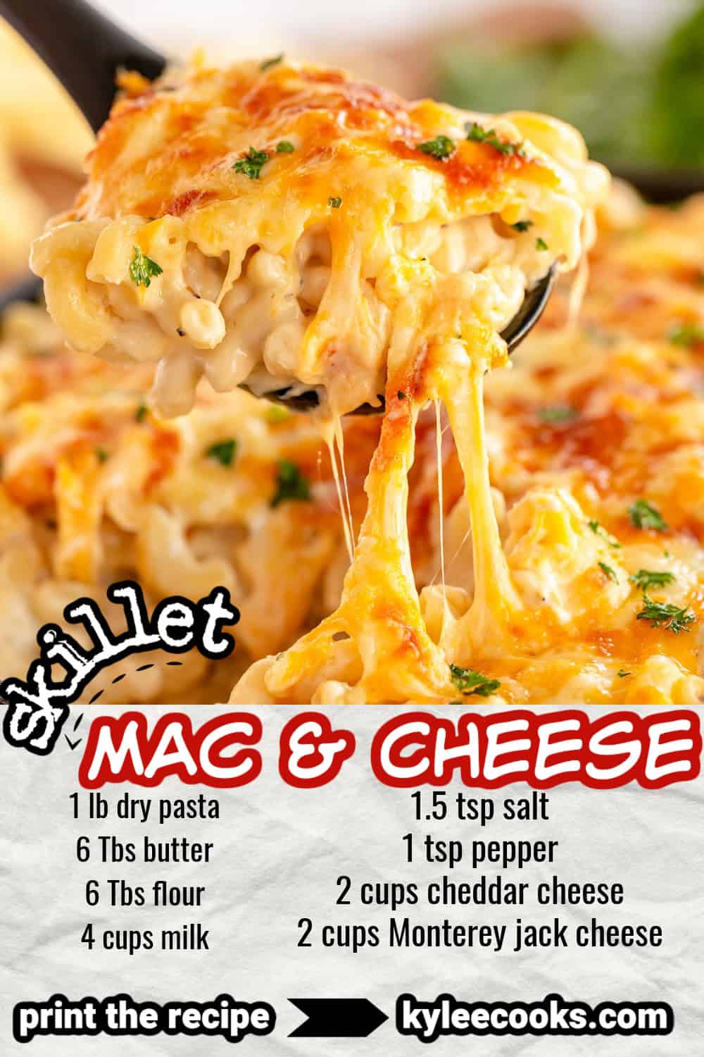 skillet mac and cheese with recipe name and ingredients overlaid in text
