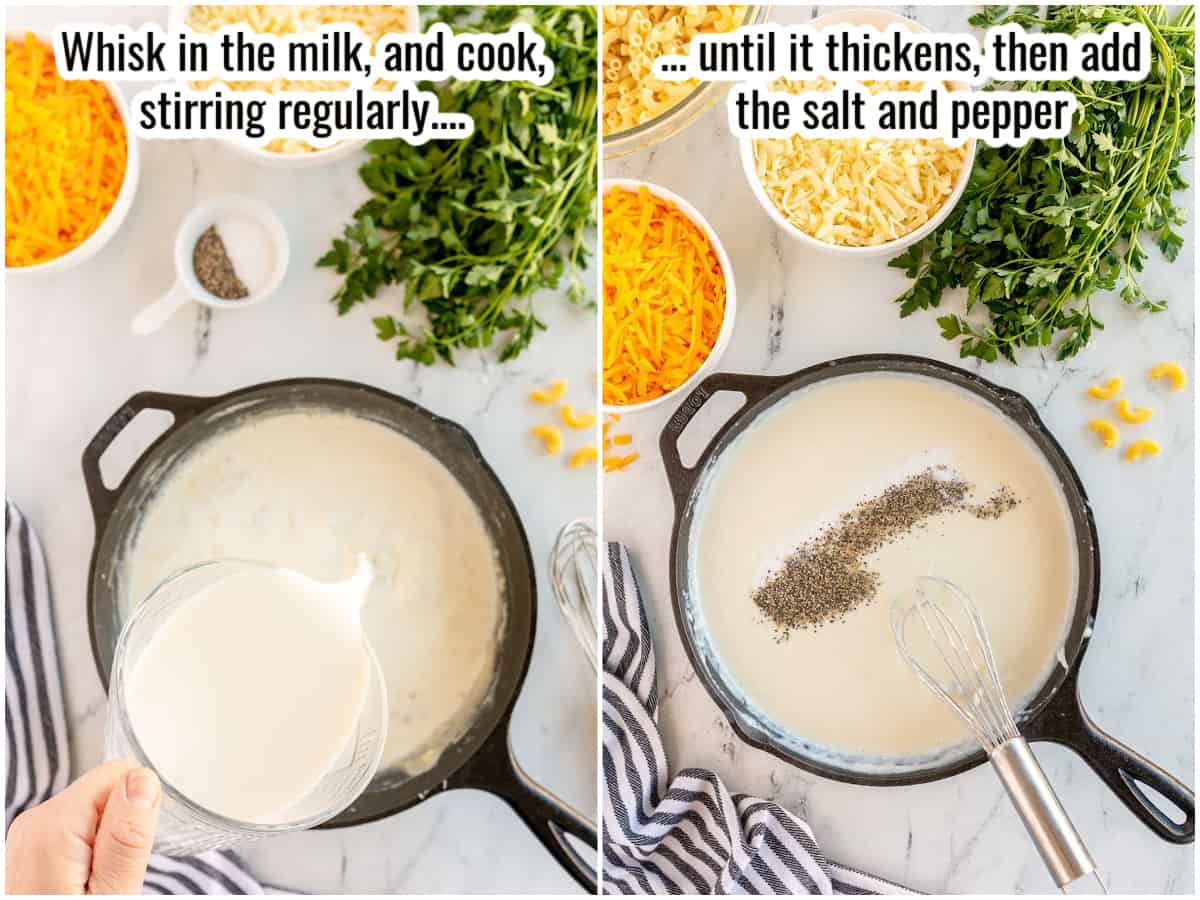 step by step whisking milk and seasoning into a cheese sauce