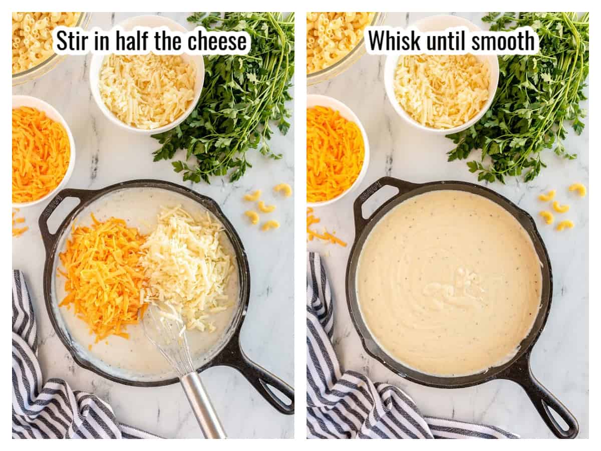 step by step adding cheese to a white sauce