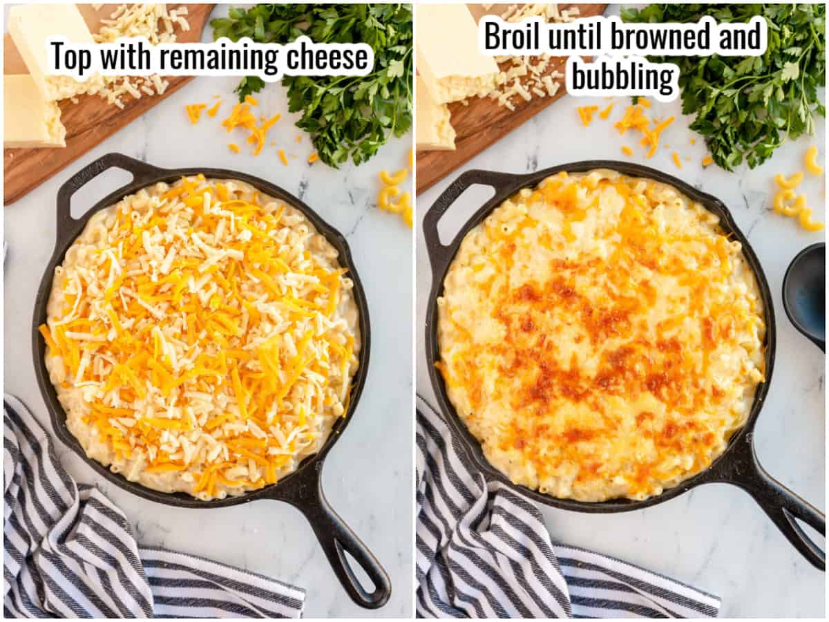step by step adding cheese and broiling for mac and cheese