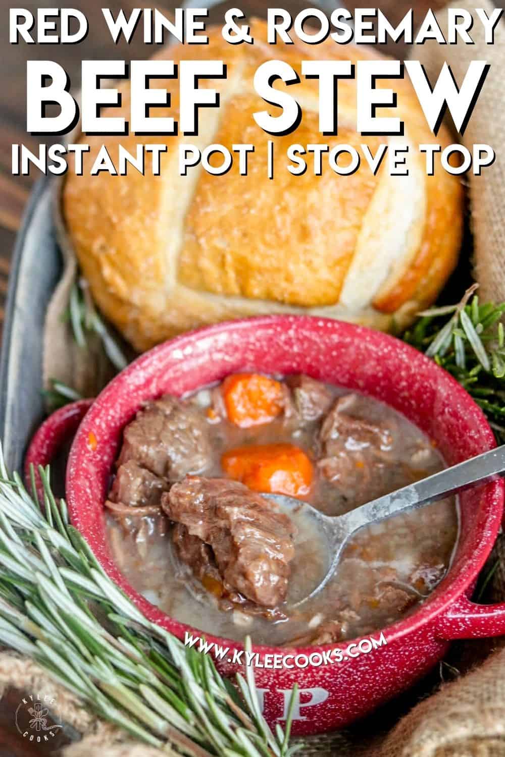 instant pot beef stew in a bowl with bread and rosemary