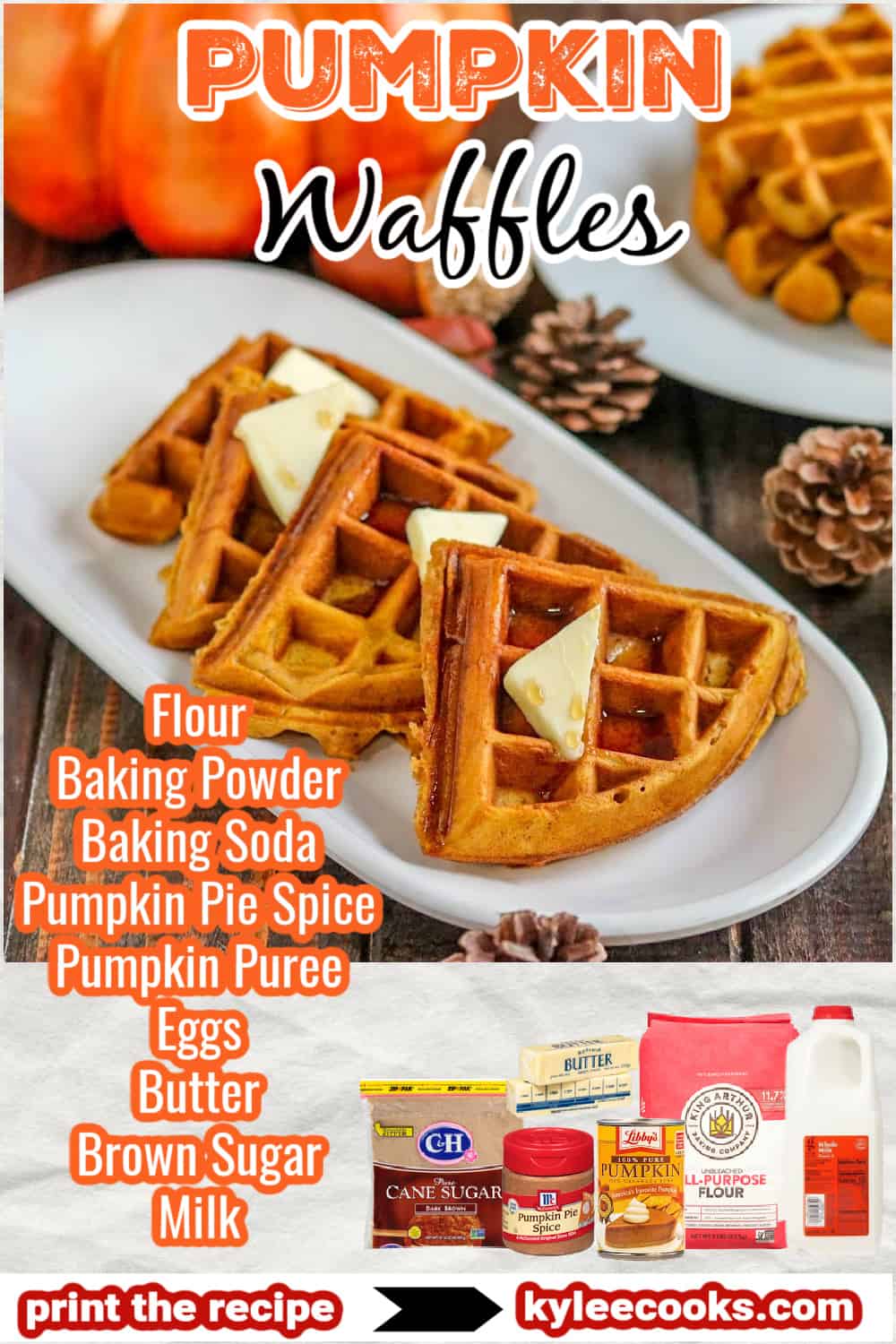 pumpkin waffles in quarters on a white platter with pinecones