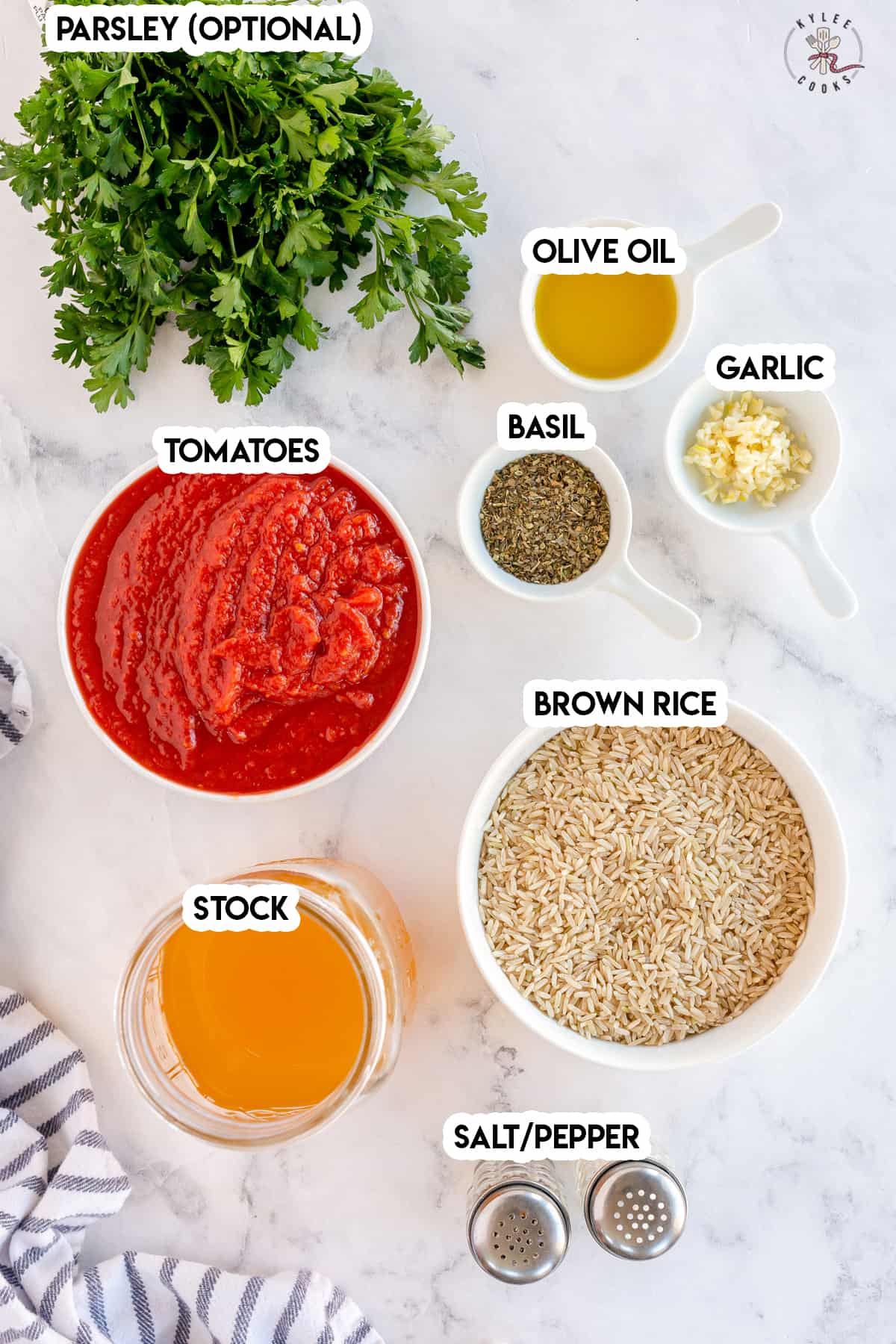 ingredients to make tomato rice soup laid out and labeled
