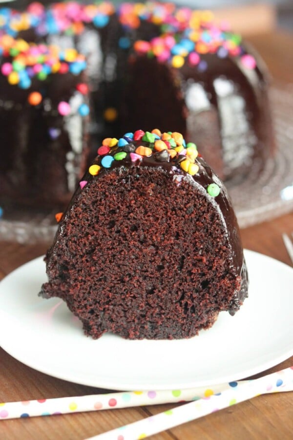 slice of chocolate bundt cake with rainbow sprinkles