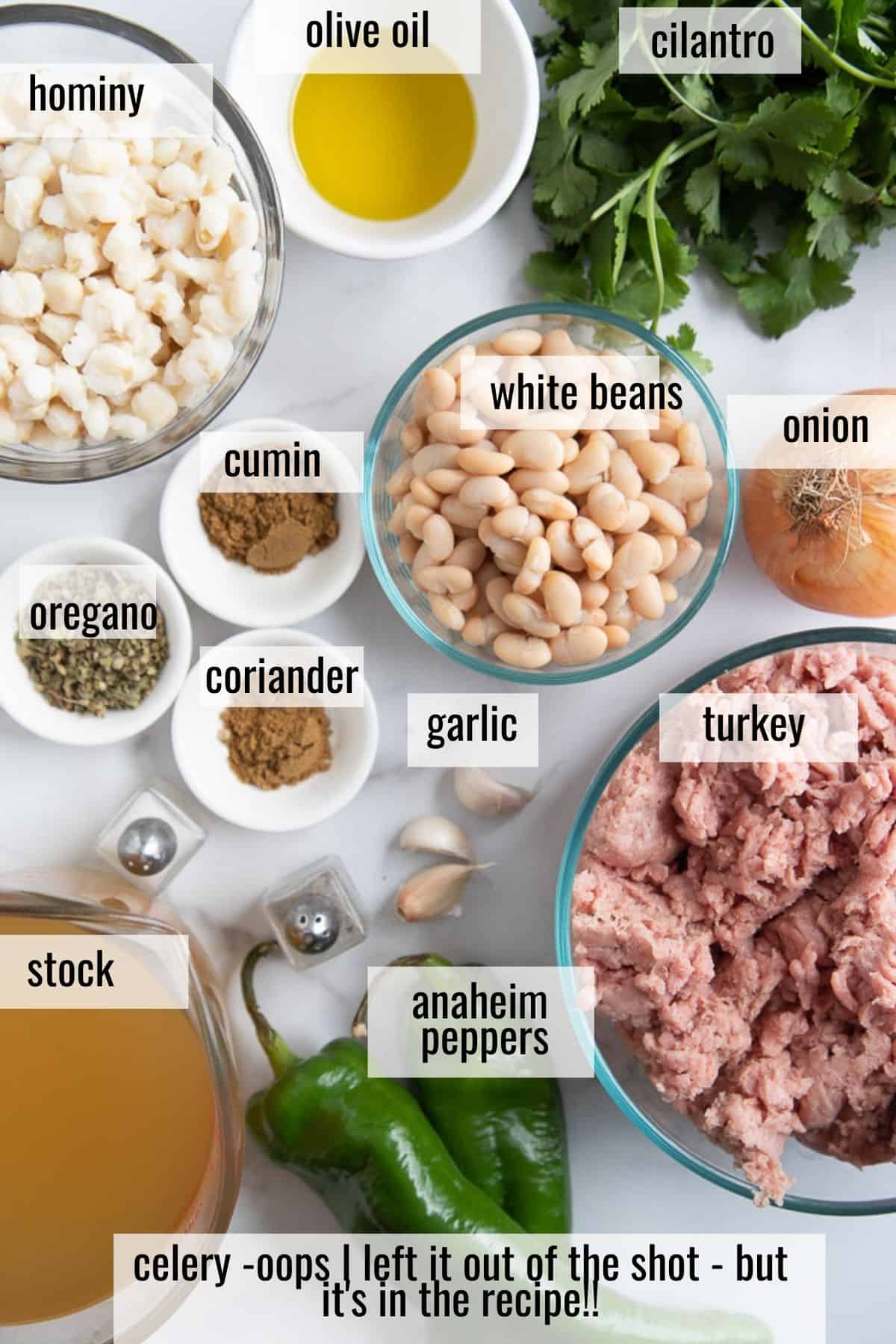 ingredients in turkey chili laid out on a board and labeled