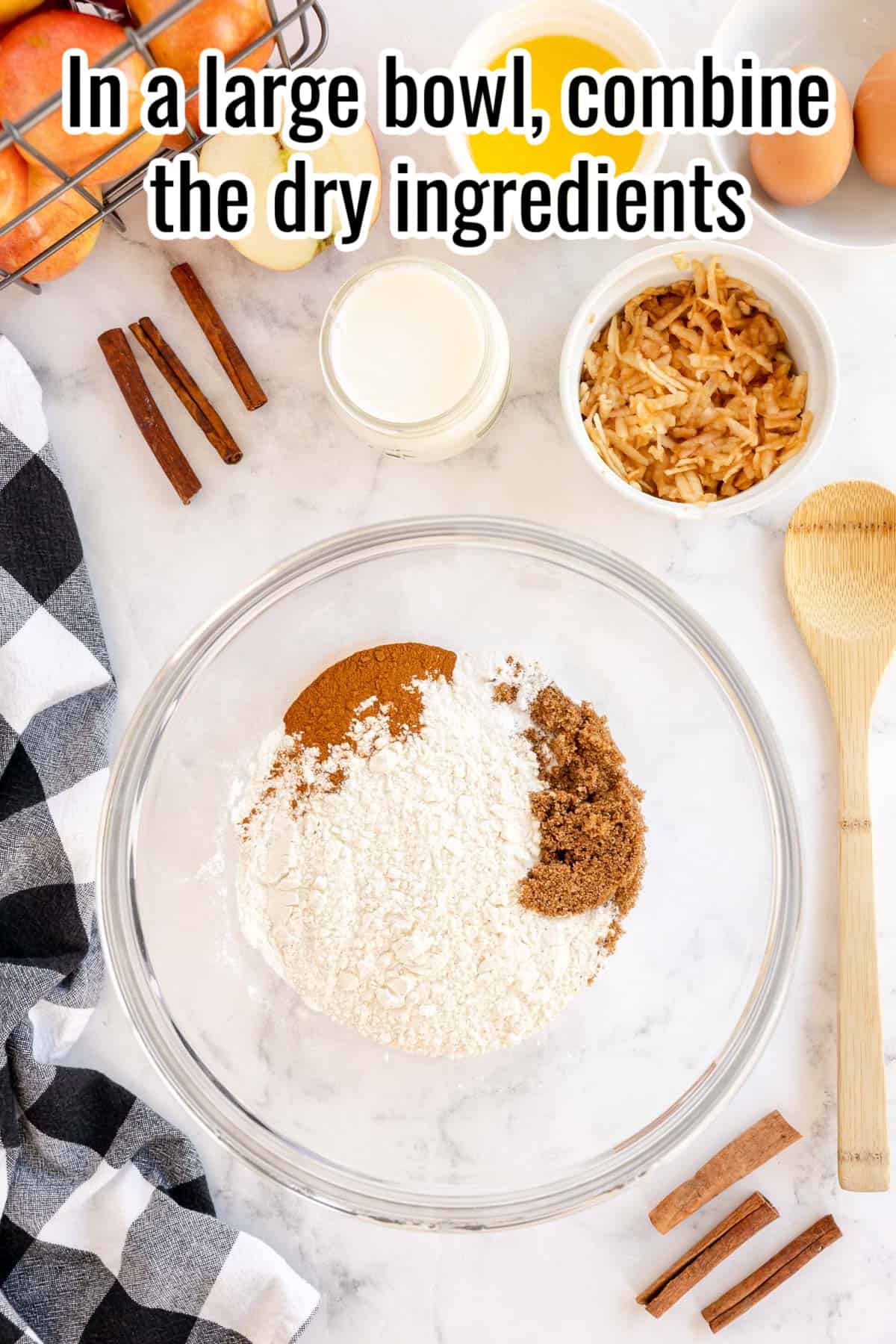 mixing the dry ingredients - process image with instructions overlaid in text.
